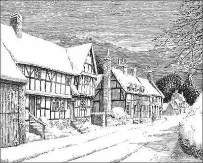 Feckenham, timbered house, snow, Worcestershire