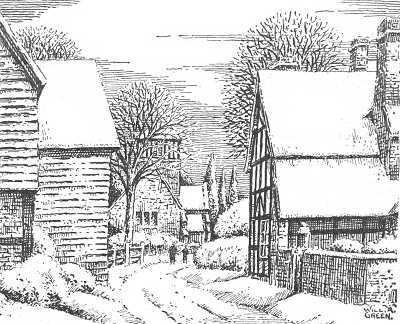 Himbleton, church, Court Farm, snow. Worcestershire